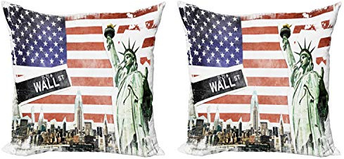 ABAKUHAUS Amerikanische Flagge Dekokissen Kissenbezug 2er Pack, New York, Modern Accent Doppelseitiger Digitaldruck, 45x45, Mehrfarbig Korallenrot