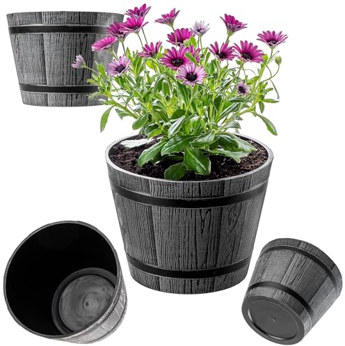 KADAX Macetero Decorativo de Plástico, Maceta Grande con Estilo Rústico de Barril de Madera para Jardín o Decoración Exterior (Gris Oscuro, 23 cm, Aprox. 4L)