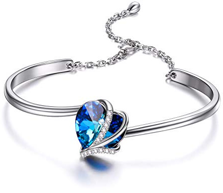 AOBOCO Herz Armband Sterling Silber Damen Herz Armreif mit Blau Kristallen, Geburtstag Jahrestag Hochzeitstag Geschenke für Sie Mutter Frauen Freundin