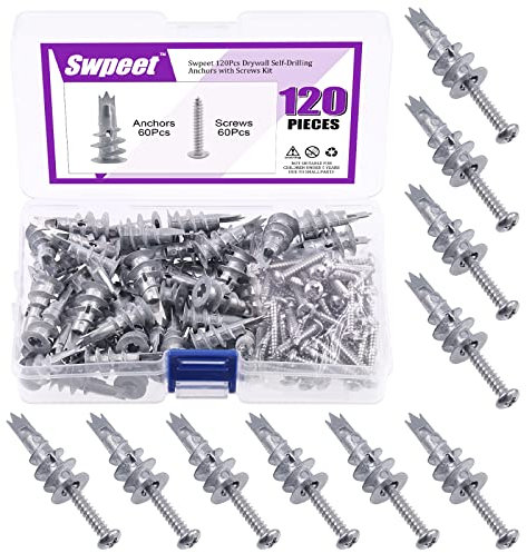Swpeet 120Pcs Heavy Duty Zinc Self Drilling Drywall Anchors with #8 x 1-1/4'' Screws Kit, No Pre Drill Hole Preparation Required - Self-Tapping Drywall Anchors for Hanging and Mounting