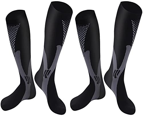Odtmger Kompressionsstrümpfe Damen & Herren (2 Paar) Kompressionsstrümpfe 20-30mmHg Stützsocken kniehohe gepolsterte abgestufte Stützstrümpfe für Laufen, Sport, Reisen (L/XL, Black)