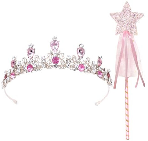 Prinzessin Tiara und Zauberstab Set für Mädchen - Krone, Haarschmuck für Verkleiden und Geburtstag - Geschenk für 3-12 Jahre