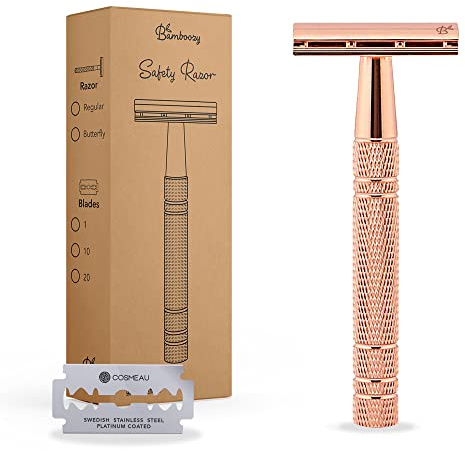 Bamboozy Rasoir de Sureté avec 1 Lame - Rasoir Manuel - Aluminium - Lames Doubles - Sans Plastique - Zéro Déchet (Or Rose)