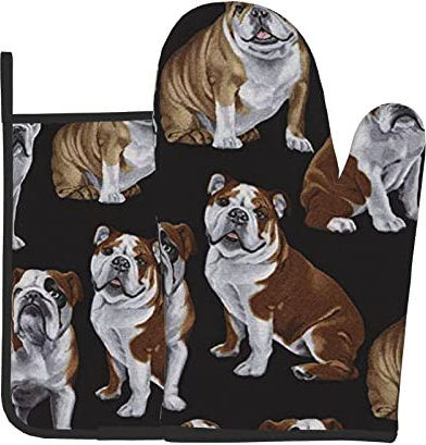 Ofenhandschuhe und Topflappen mit englischer Bulldoggen-Aufdruck, hitzebeständig, rutschfest, wasserdicht, zum Backen, Kochen, Grill, 2 Stück