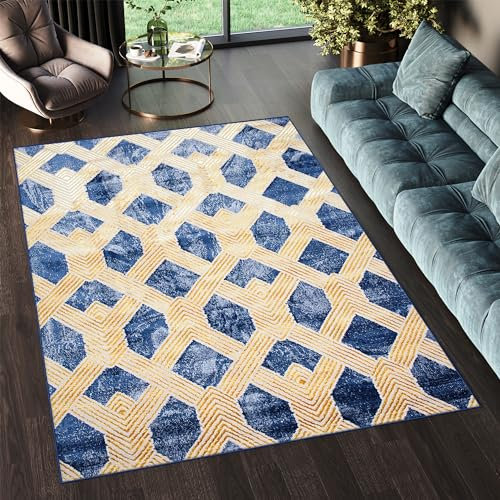 TAPISO Shine Teppich Kurzflor Dunkelblau Gold Raute Viereck Design Wohnzimmer Schlafzimmer 3D Optik Modern Design ÖKOTEX 300 x 400 cm