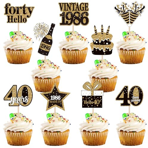 SYKYCTCY 36 Pack Vintage 1986 Cupcake Toppers cheers to 40th Birthday Cupcake Picks Hello Forty Birthday Cupcake Decorations for Happy 40th Birthday Wedding Anniversary Party Supplies