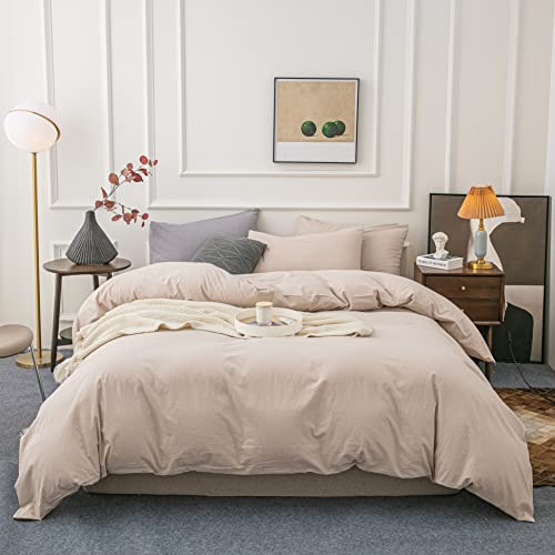 Janlive Washed Cotton Duvet Cover King Ultra Soft 100% Cotton Solid Color Light Camel Duvet Cover Set with Zipper Closure -3 Pieces Light Camel King