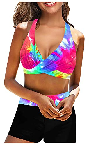 Dream Room Bikini Damen Bauchweg, Bikini Damen Set Badeanzug Bauch Sexy Triangel Push Up BadeanzüGe Breites Bunt GroßE Hoher Taille Bikini Sport Shorts Schwarz Swimsuits Teenager Zweiteiliger