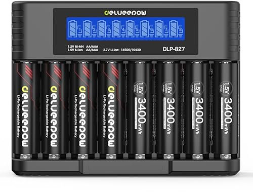 Delyeepow 8 Pezzi Batterie AA Litio Ricaricabili con Caricabatterie, 3400mWh 1.5V Pile AA Litio Ricaricabili, LCD Display 8 Slot, 2ore Carica Rapida USB