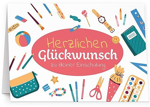 XXL Glückwunschkarte (A4) Einschulung mit Umschlag Thema Schule Bunte Symbole - hochwertige Klappkarte | Große Design Maxi Karte Grußkarte Gutschein
