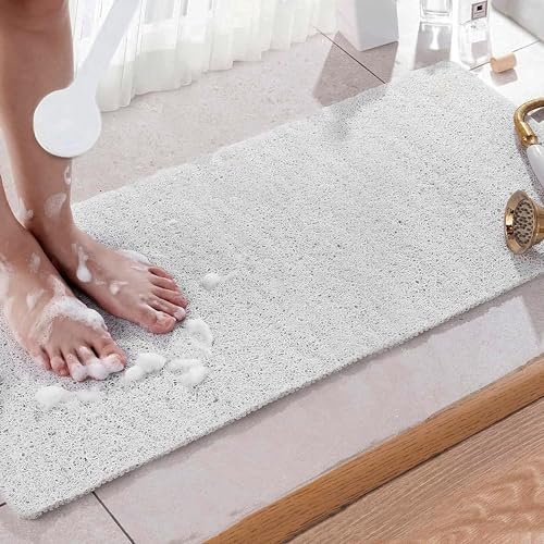 AMOMYDOG Tappeto per Doccia, 40 * 100cm Tappetino Doccia Antiscivolo Antimuffa Antibatterico in Luffa, Tappeto Bagno Morbido PVC Tappetino Vasca per Bagno e Aree Umide (Bianco)