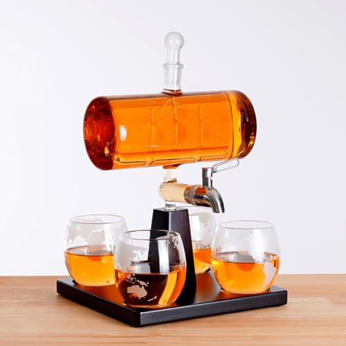 KemNet Whisky Karaffe Mit Gravur - Schiff Mit Edelstahl-Wasserhahn, 1100 Ml - 4er Whiskygläser Set - Whisky Dekanter - Personalisiert - Geschenk Für Männer
