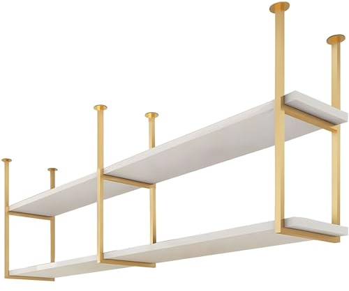 Ceiling Mount Gold Shelves, 2 Tier Hanging Partition Shelf with Metal Iron Frame, Multi-Purpose Organizer for Pot Pan Wine Glass Plant Books Storage, Floating Display Rack for Bar Cafe Kitchen ( Size