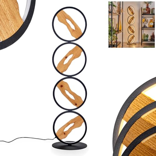 HOFSTEIN LED Stehleuchte Cornol, dimmbare Stehlampe aus Metall/Holz in Schwarz/Natur, Vintage-Design mit runden Schirmen Ø 27cm, Fußschalter, 30 Watt, 2900 Lumen, 3000 Kelvin, Wohnzimmer, Schlafzimmer