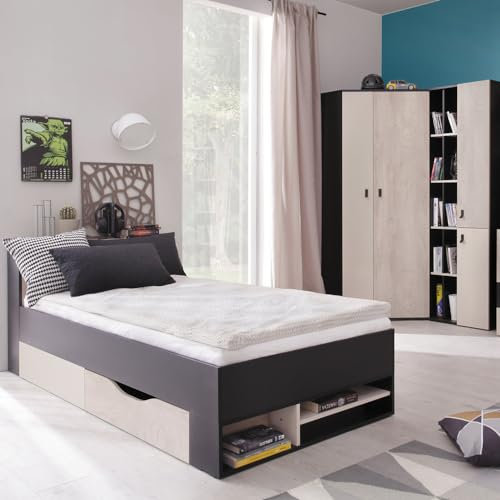 Lomadox Jugendzimmer Set 3-teilig mit Bett, Eckkleiderschrank, Regalschrank in schwarz/braun/beige Modern