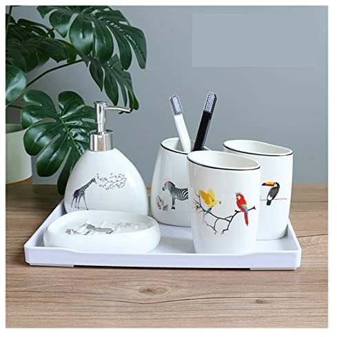 OUYUE Badezimmerzubehör-Set Badezimmer-Accessoires-Set Enthält Niedlichen Tier-Lotion-Seifenspender, Zahnbürstenhalter, Seifenhalter Badezimmer-Set (Color : 5 Pieces+White Tray)
