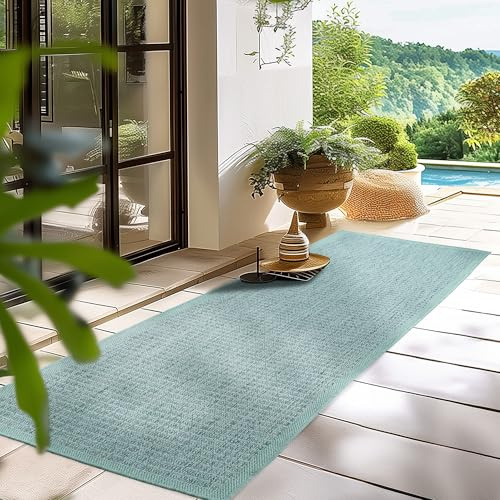 HomebyHome In- & Outdoor Teppich Wetterfest 80 x 150 cm Läufer Blau - Flur Waschbar, Wasserfest, Pflegeleicht und Flachgewebe - Ideal für Balkon, Garten, Terrasse und als Küchenläufer