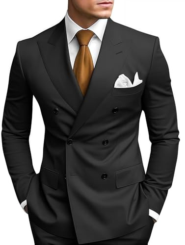 HANBANGWEI Men's Black Suits Black Double Breasted Suit Men 2 Piece Slim Fit Suit Men Double Breasted Blazer Regular Fit Business Suits Formal Wedding Prom Tuxedo, S