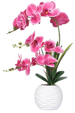 FuleHouzz Orchidee artificiali con vaso, fiori finti di orchidea realistica al tatto, in vaso, in vaso di ceramica, per casa, ufficio, matrimonio, decorazione da tavolo, colore rosso rosa