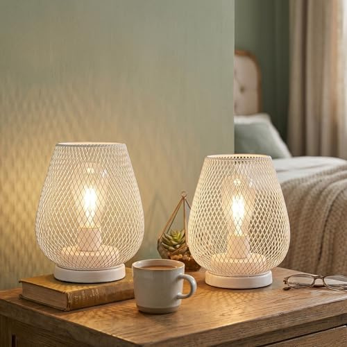 JHY DESIGN 2er Set LED-Laterne aus Metallkäfig Batteriebetriebene Lampe Kabellos 17cm hoch Industrial Wohnzimmer Batterie Tischlampe für Dekorative Drinnen Draußen Hochzeiten(Weiß)