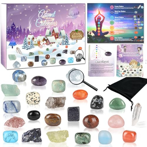 Crystal Advent Calendar 2025, 24 Days Christmas Countdown Natural Chakra Healing Stone Rock Spiritual Gifts for Adult Women, Novelty Minerals Fossils Learning Collection Kit for Boys Girls Teens