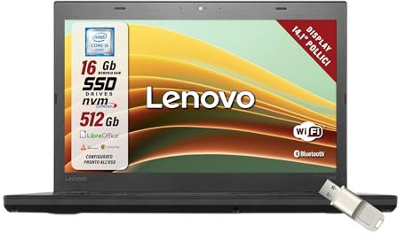 Lenovo ThinkPad, Pc Portatile Intel i5-6200U 2 Core 2.3Ghz, Ram 16Gb SSD 512Gb, Display 14.1 HD, Notebook Pronto all'uso con Libre Office, Omaggio Chiavetta USB FingerPrint (Ricondizionato)