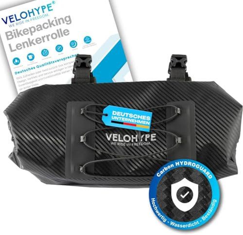 Velohype® Bikepacking Lenkertasche Lenkerrolle | 10 Liter | 100% Wasserdicht | reissfestes Carbon-Hydroguard Material | für Gravelbike, Rennrad, MTB und Touren Fahrräder | inkl. Schutzaufkleber