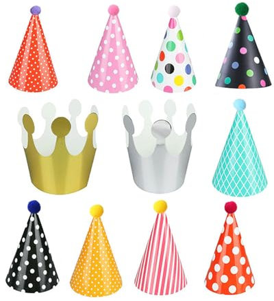 11 Pezzi Cappellini Festa Compleanno,Cappelli Cono Cappello Corona, cappelli per feste di compleanno per bambini,cappelli da festa con pompon e corona,adatti per feste di famiglia, per bambini e adul