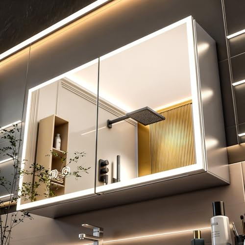 Mutital LED Spiegelschrank Bad 80x14,5x60 cm Aluminium Doppeltür Spiegel | Mit Ablage, Hängeschrank und Touch-Sensorschalter. Moderner Badezimmerschrank mit LED-Beleuchtung.