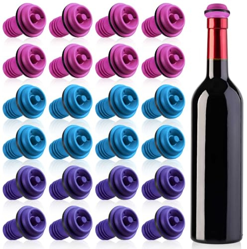 Leinuosen 24 Pcs Wine Vacuum Bottle Stoppers Airtight Seal for Opened Bottle, Preserves Wine Freshness up, Reusable & Dishwasher Safe Saver Pump for Bar Party Gift(Red,Blue,Purple)