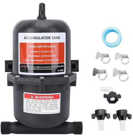 Pre-Pressurized Accumulator Tank, 0.75L 125PSI, 1/2 MNPT Port Fitting, Control Inner Bladder, Reduced Pump Cycling, for RV, Travel Trailer, Boat, Caravan