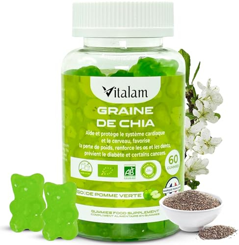 Vitalam Graine de chia, Gummies Chia Minceur & Perte de Poids et de Tour de taille, Source de protéines, fibres et OMEGA 3, Complément alimentaire, Sans Sucre, 60 gummies, Goût Pomme