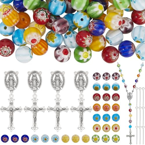 SUNNYCLUE 228 Stück Rosenkranz Bastelset Rosenkranzkreuze Kruzifix Anhänger Oster Kronleuchter Komponenten Verbindungsanhänger Millefiori Lampwork Glasperlen Für Die Schmuckherstellung Zubehör DIY Hal