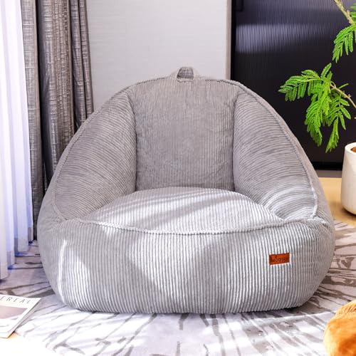 UODERS Sitzsack mit Memory-Foam-Füllung, Großer Cord Sitzsack für Erwachsene & Kinder, Bequemer Boneless Bean Bag mit Tragegriff für Wohnzimmer, Schlafzimmer, Gamingzimmer, Büro & Balkon(Hellgrau-L)