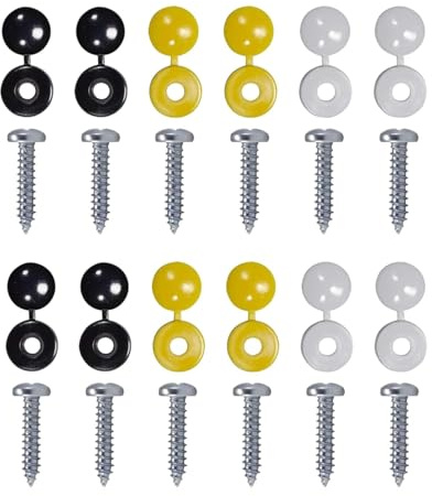 24 Pcs Number Plate Screws and Caps Set –Black, White & Yellow Screw Caps + 12 Self Tapping Screws | Number Plate Fixing Kit for Car Number Plates, Registration Plates & License Plates
