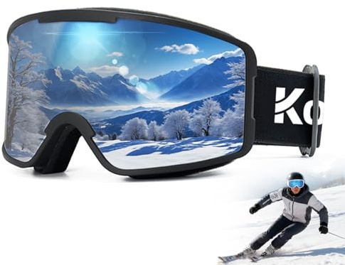 HPLSZCN Skibrille, Skibrille Herren Damen, Snowboard Brille für Brillenträger Erwachsene Jugendliche Schneebrille, OTG UV-Schutz Anti Fog Skibrillen(Schwarzer Rahmen/Silberne Linse, Zylindrisch)