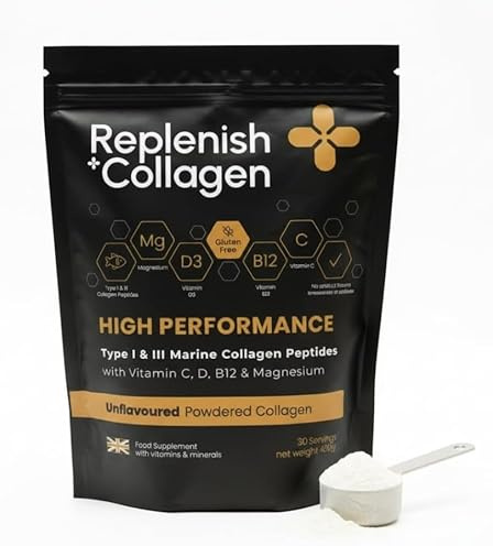 Replenish Collagen 15,000mg Marine Collagen Powder - Unflavoured Collagen Powder with Added Vitamin C, D3, B12 & Magnesium for Skin, Hair & Joint Health (480g per Pouch - 30 Day Supply)