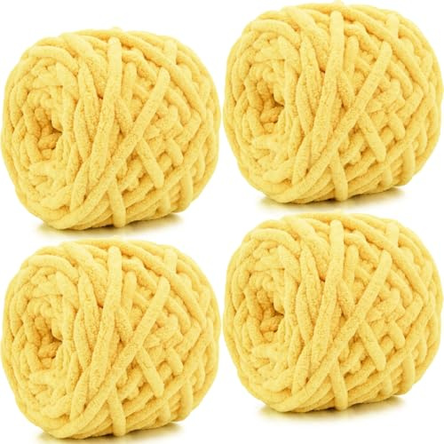 Xtrillogen Chunky Chenille Yarn 4 x 100g Balls,Soft Fluffy Multicolor Plush Wool for Crochet & Knitting Soft Thick Chunky Yarn Crochet Yarn for Blankets,Hats,Cushions (Chicken Yellow)