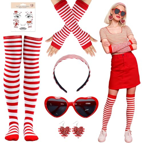 Faschingskostüme Karneval Damen, 6 Stück Fasching Karneval Kostüm Rot Weiss Gestreift Haarreif Handschuhe Strümpfe Herz Brille Ohrringe Tattoos, Kostüm Damen Fasching Karneval Mottoparty Zubehör
