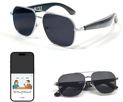 Lunettes Intelligentes AI, Lunettes de Traducteur Intelligent, UV Lunettes Bluetooth pour Homme et Femme, Lunette Intelligente avec Bluetooth 5.4, Haut-Parleur, Prenant en Charge 144 Langues
