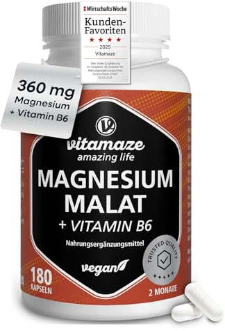 Malato de Magnesio 1.800mg (360mg Magnesio Elemental) + Vitamina B6 1,4mg. 180 Cápsulas Veganas Para la Energía y la Función Muscular, Sin Aditivos, Vitamaze