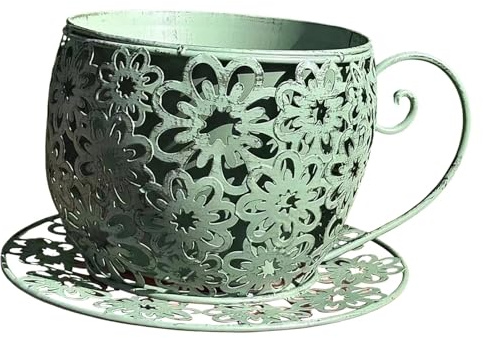 Fenteer Planter Pot Metal Coffee Cup Planter Desktop Outdoor Pots Teacup Flower Pot for Bookshelf Hotel Birthday Gift Decor, Green