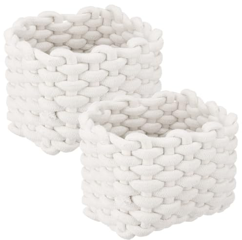2PCS Cotton Rope Woven Storage Baskets Small Storage Square Basket Cute Bedside Caddy Rope Desktop Basket Organizer Bathroom Storages Baskets for Nursery Bedroom Office(White)