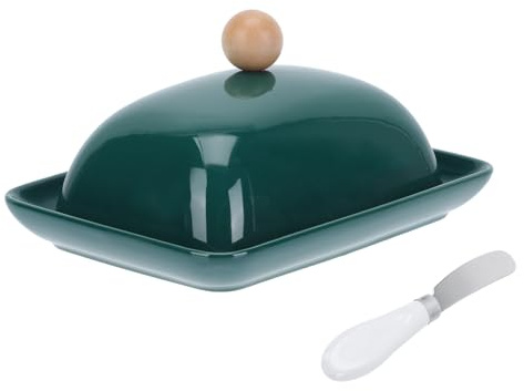 CIYODO Beurrier Céramique Rectangulaire Vert avec Couvercle, 1 Pièce avec Couteau à Beurre, Boîte à Beurre et Plateau de Service pour Fromage, Vaisselle Cuisine Pratique et Élégante