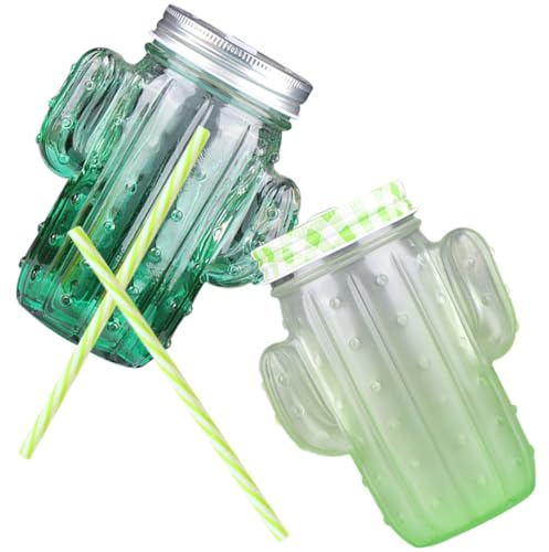 jojofuny Lot de 2 Tasses en Verre Cactus Paille et Couvercle, Verres Compacts pour Boissons Lactées et Thé Parfumé, Design Créatif pour Adultes Réutilisable Couleur Aléatoire