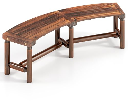 COSTWAY 2-3 People Garden Bench, Wooden Curved Fire Pit Bench, Outdoor Loveseat Leisure Porch Seating for Patio, Porch & Deck (1, Brown, 170 x 58 x 45cm)