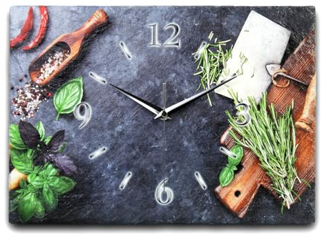 Kreative Feder Designer-Wanduhr aus Stein (Keramik) Größe ca. 35x25cm mit flüsterleisem Uhrwerk (Kräuter, leises Funkuhrwerk)