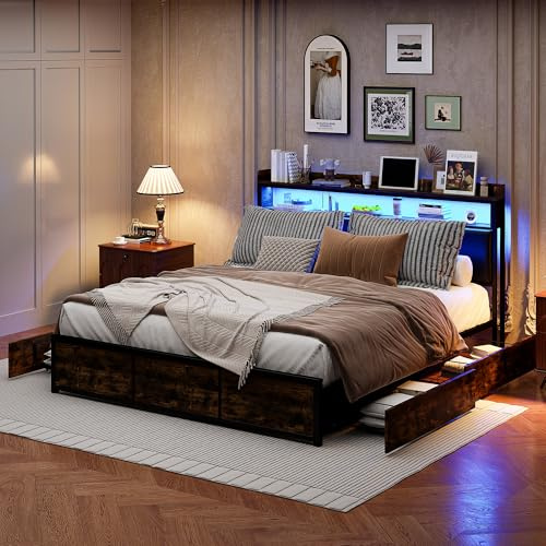 DAHUEN Metallbett Doppelbett 180x200 cm mit LED Beleuchtung, 4 Schubladen,Polsterbett mit Metalllattenrost und Stauraum,für Erwachsene und Jugendliche, Schwarz (180×200cm (a))
