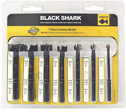 Fisch FSA-367192 7-teiliges Black Shark Forstnerbohrer-Set Blisterpackung inklusive Bits von 1/10.2 cm bis 2.5 cm Durchmesser, geschmiedeter Stahl, Made in Austria