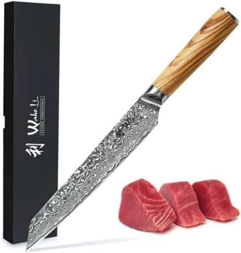 Wakoli Oribu Damast Fleischmesser 20 cm I Klinge aus 67 Lagen Damaststahl, AUS-10 Kern, Olivenholzgriff I Profi Küchenmesser, extra scharf, langlebig, Tranchiermesser, Geschenkbox, präzises Schneiden